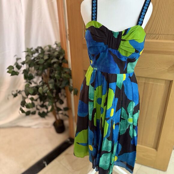 JAX Designer Blue Green Floral Cotton Silk Blend Sundress Size 6 Wedding Guest‎ - Picture 14 of 16